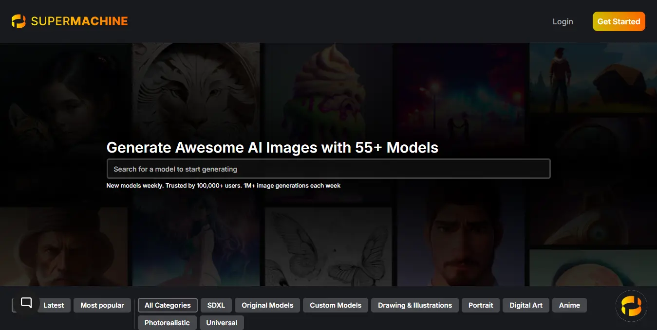 Generate unlimited AI Images with 55+ SUPERMACHINE AI Models