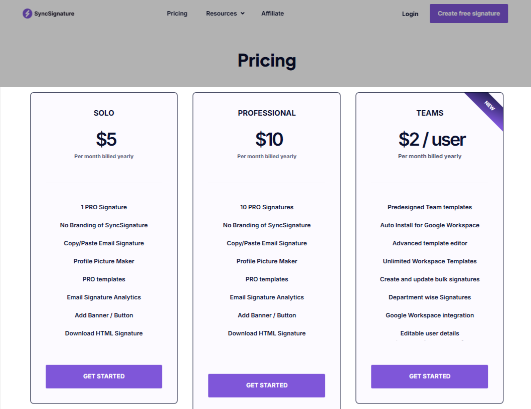 SyncSignature Monthly Pricing